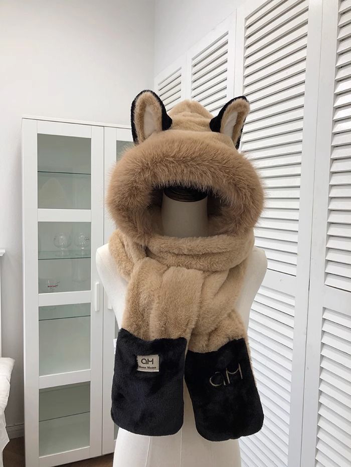 Ensemble bonnet, écharpe et gants intégrés, écharpe en peluche mignonne, écharpe chaude d'extérieur trois en un_voghion.com