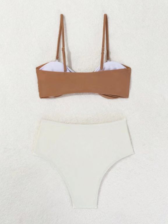 Ensemble bikini taille haute sexy – Blocs de couleurs tendance et détails boutonnés, rembourrage push-up confortable, maillot de bain en nylon pour femme (S/M/L/XL)_voghion.com