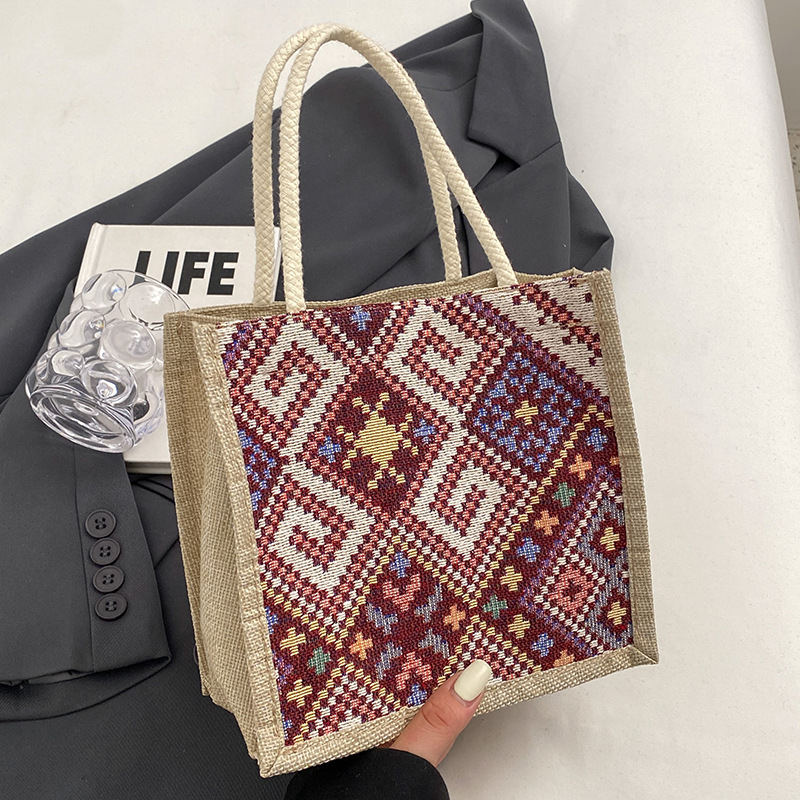 Borsa da viaggio in tela in stile etnico per donna, estiva, nuova moda, da portare a mano all'aperto, in lino, per il pranzo, per la mamma_voghion.com