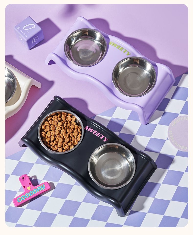 Meow Dobbeltbølge Creme Halsbeskyttelse Kat Rustfrit Stål Skridsikkert og Anti-Banke Kæledyr Stor Kapacitet Hundeskål_voghion.com