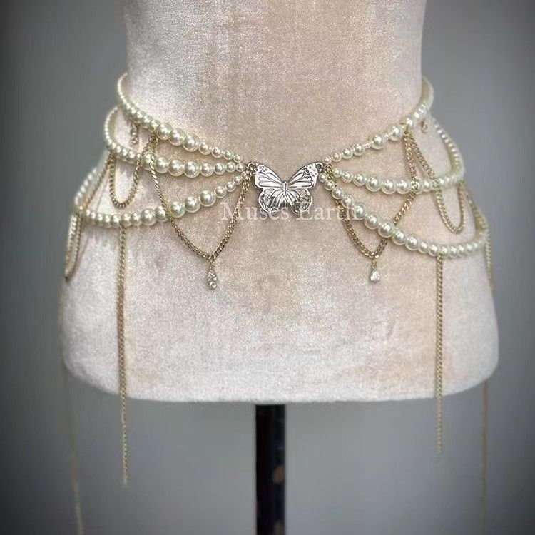 Süßer, cooler, mehrschichtiger Körper mit Perlenquaste, feminine Persönlichkeit, koreanische Version, neuer Stil, mehrschichtige Perlen-Taillenkette_voghion.com
