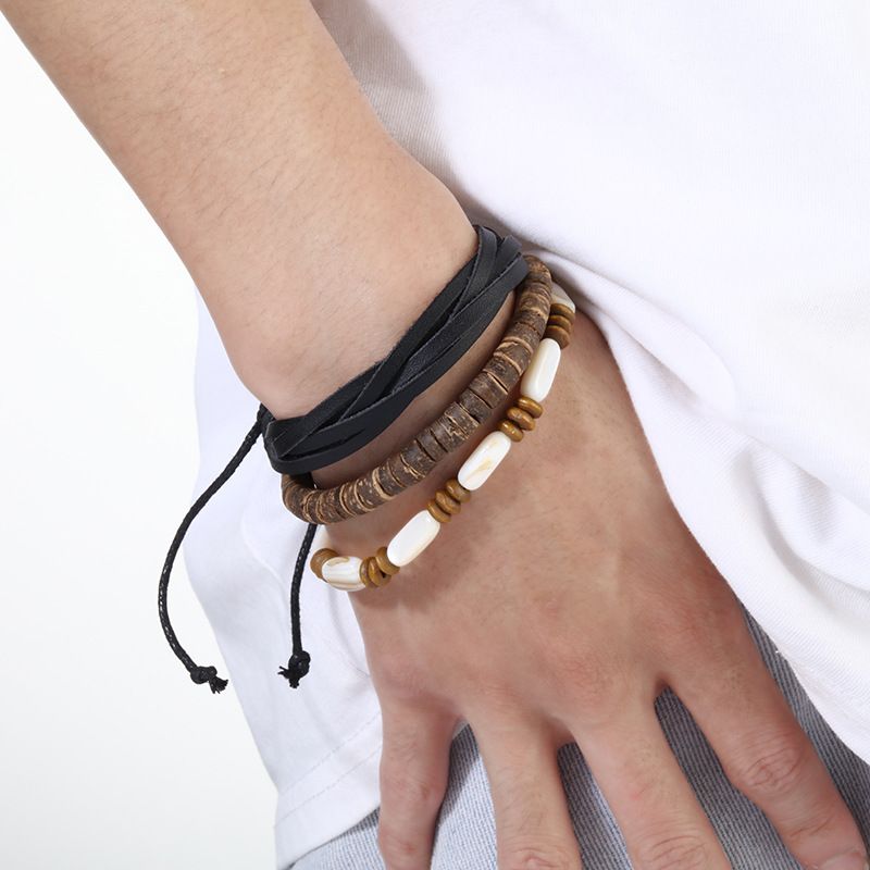 Minimalist Handwoven For Men Genuine Leather Shell Bead Three-Piece Bracelet Set_voghion.com