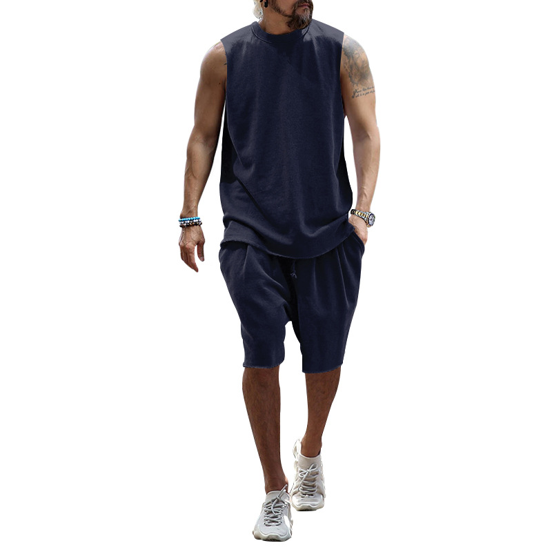 Sınır Ötesi Yeni Yaz Kolsuz Spor Takım Elbise Erkek Rahat Üst Kolsuz Yelek Şort İki Parçalı Takım Erkek_voghion.com