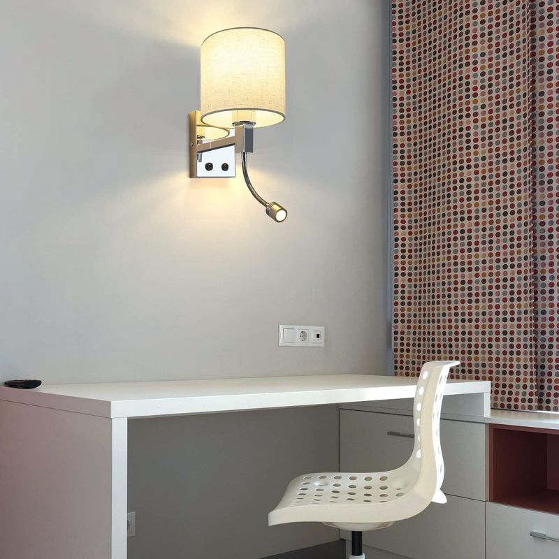 Glitzerlife LED Wandlampe Mit Schalter Wandleuchte Innen - Leselampe Schlafzimmer Stoffschirm Schwenkbar Bettleuchte Mit Flexleuchte Stoff Nachttischlampe_voghion.com