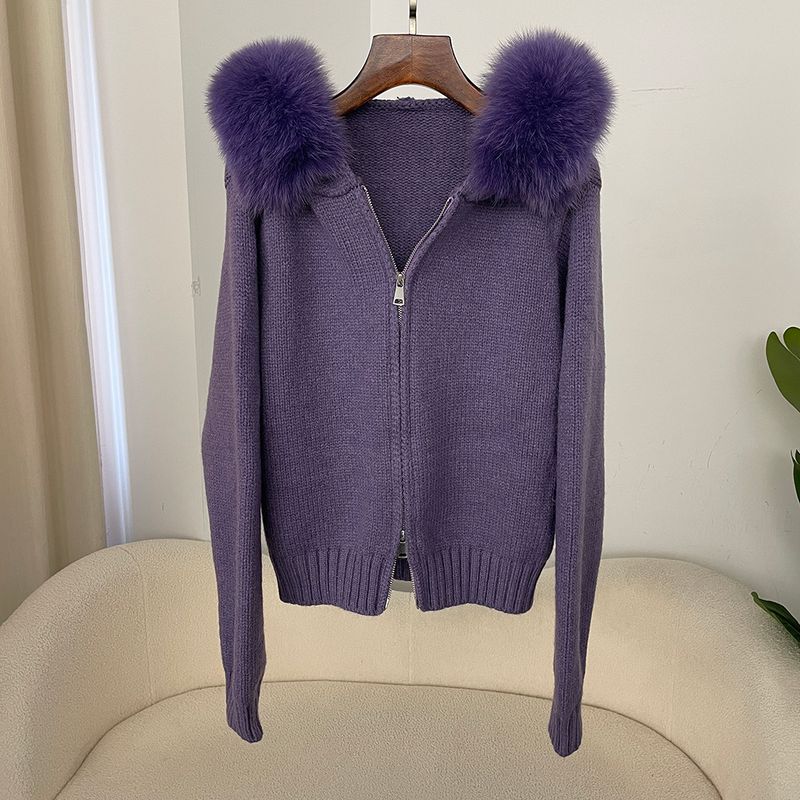 Cardigan oversize con cappuccio in maglia da donna - Morbido misto angora, cerniera frontale, maniche lunghe comode, abbigliamento casual da casa in stile coreano_voghion.com