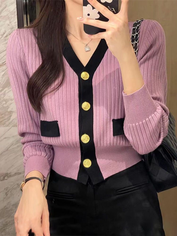 Cardigan à manches longues et col en V pour femme, style français, doux, couleur unie, décontracté, tendance printemps_voghion.com