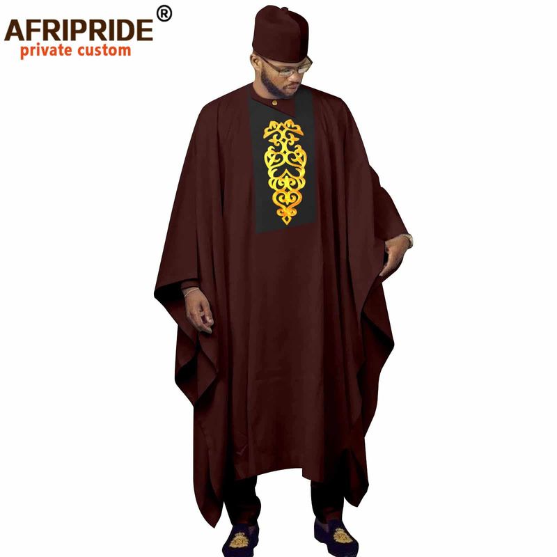 Herrenbekleidung, afrikanisches Herrenkleid, dreiteiliges Set, Mantel + Oberteil + Hose + Hut_voghion.com