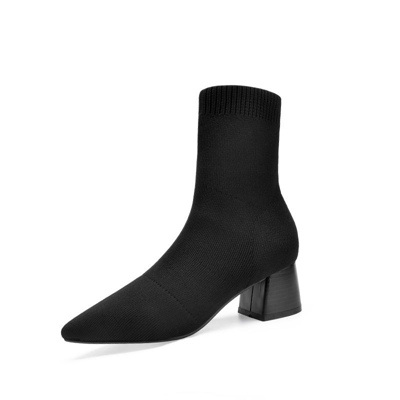 Spitzschuh Gestrickt Slim Fly Knit Elastische Socke Chunky Heel Kurze Stiefel Frauen 2025 Herbst Winter Große Größe Schwarz frauen_voghion.com