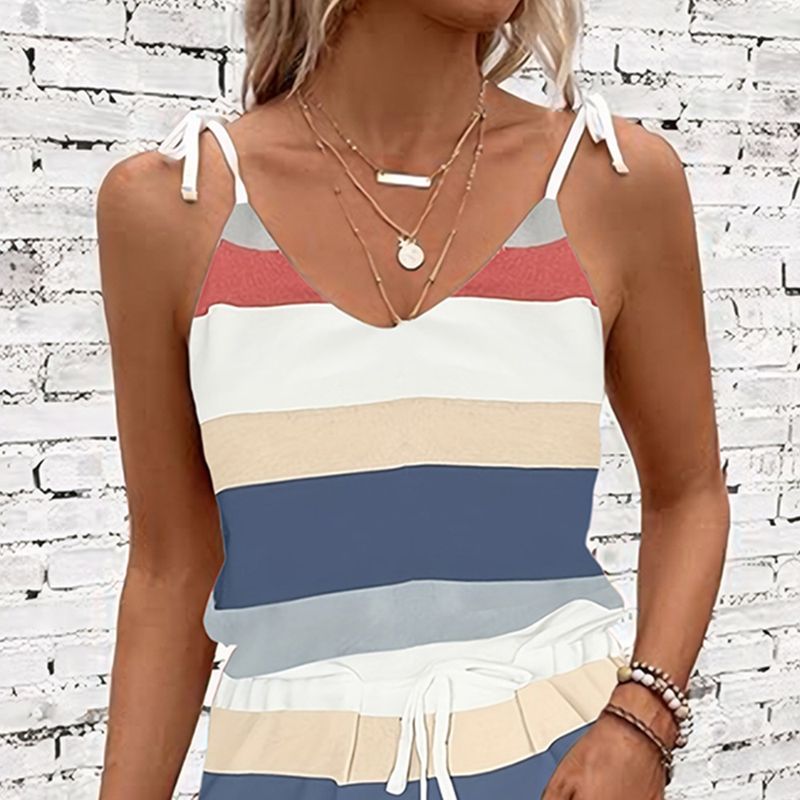 2025 Sommer Damen Hosenträger Kordelzug Lose Farbe Gestreiften Weste Kleid_voghion.com
