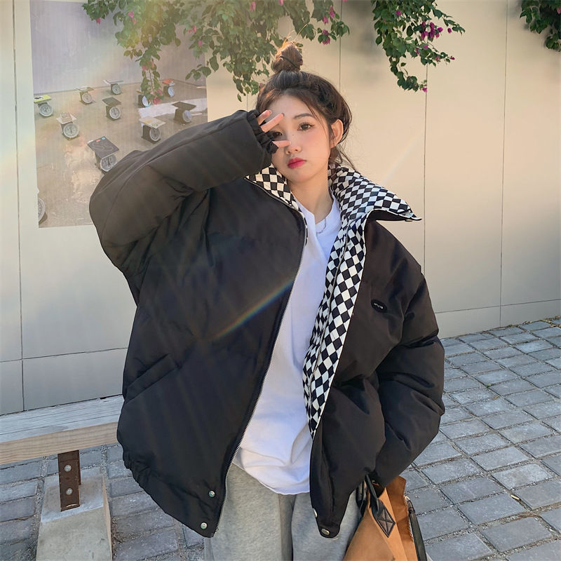 new style checkerboard down cotton coat for women, loose BF style stand collar short cotton coat, cotton jacket, thickened bread coat_voghion.com