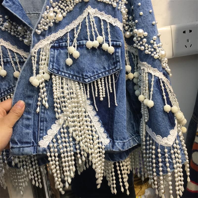 Damenbekleidung Heavy Duty Nagelperlen Quaste Jeansjacke Damen 2024 Frühjahr Neue lose Straße Strahlloch Trendy Top_voghion.com