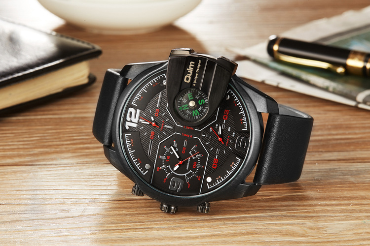 Luxuriöse Herren-Quarzuhr mit Kompass und GMT-Funktion, 58 mm großes Zifferblatt, Echtlederarmband, 30 m wasserdicht – Größen verfügbar_voghion.com