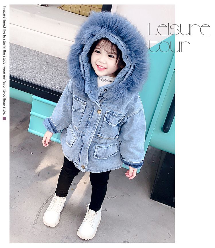 Nuovi vestiti autunnali e invernali per bambine, cappotto spesso in denim e velluto, stile coreano, cappotto in cotone con ampio collo di pelliccia per bambini_voghion.com