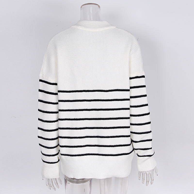 Abbigliamento da donna Maglione maglione pullover con cerniera da donna a maniche lunghe a righe color block a collo alto_voghion.com
