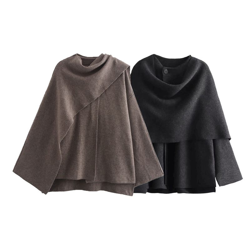 Elegant Asymmetrical Cape Knit Top – Women’s Long-Sleeve Scarf Neck Pullover, Loose Fit Boho Chic (Grey/Brown)_voghion.com