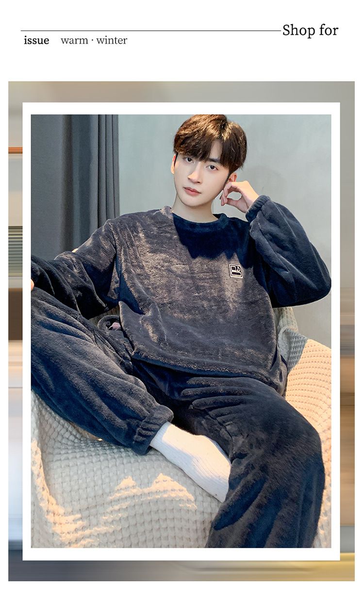 Korallensamt-Pyjamas aus dickem Plüsch für Herren im Herbst- und Winterstil, geeignet für Teenager zum Tragen im Freien_voghion.com