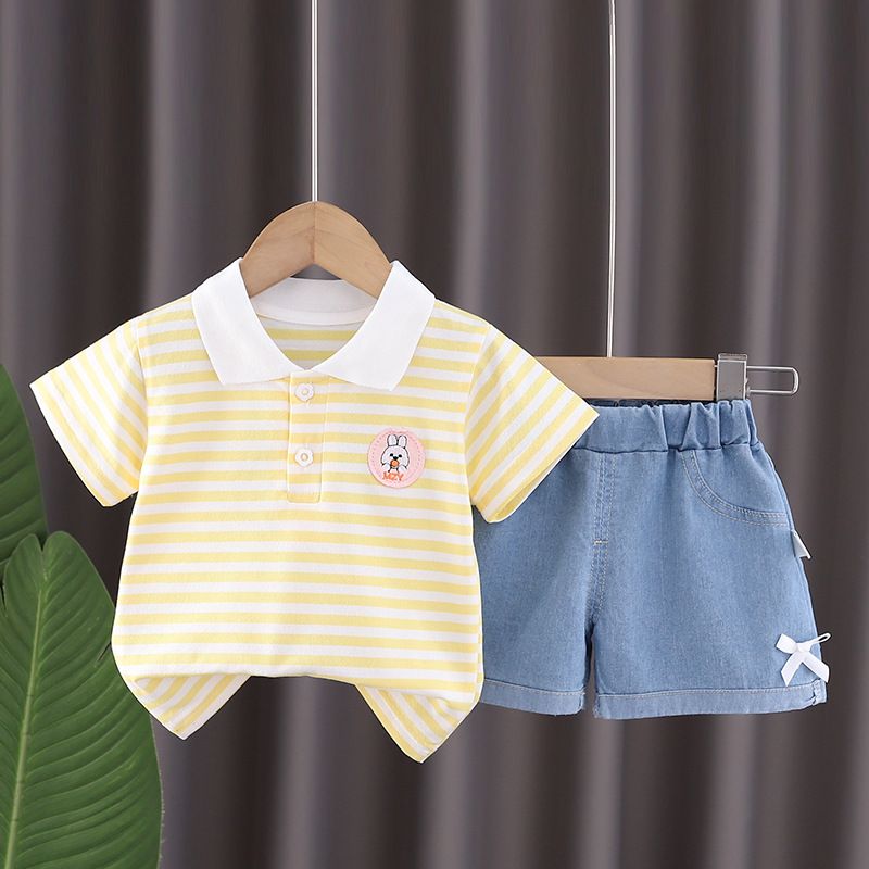 Stripe Polo Neck Short Sleeve Two piece Set Girls Summer Clothes Children's Clothing 1, 2-3-4 Year Old Baby_voghion.com