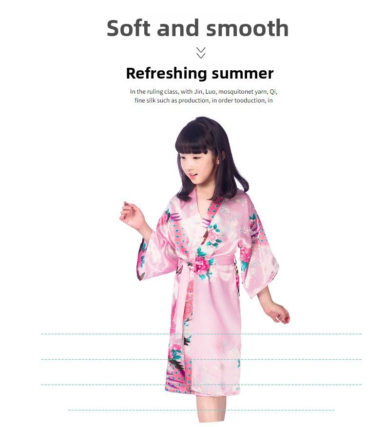 Peacock Peony Printed Children's Nightgown, Summer Girl Long Ice Silk Thin Style, Home Bathrobe Cardigan Design--Size 6 (90-100cm)_voghion.com