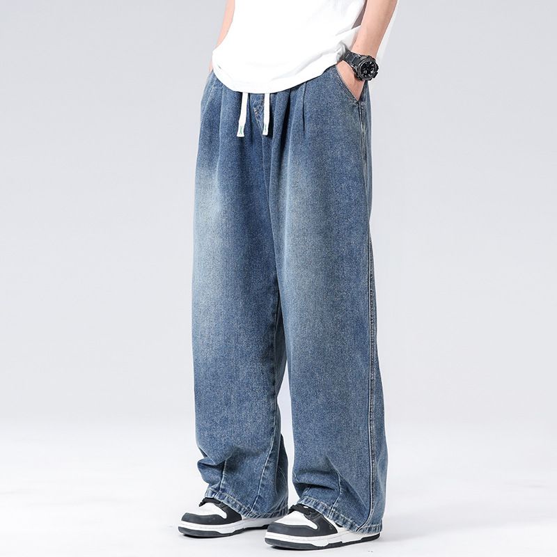 Spring Summer New Straight Wide-Leg Jeans Loose Trendy Drawstring Versatile Simple Casual Long Pants For Men_voghion.com