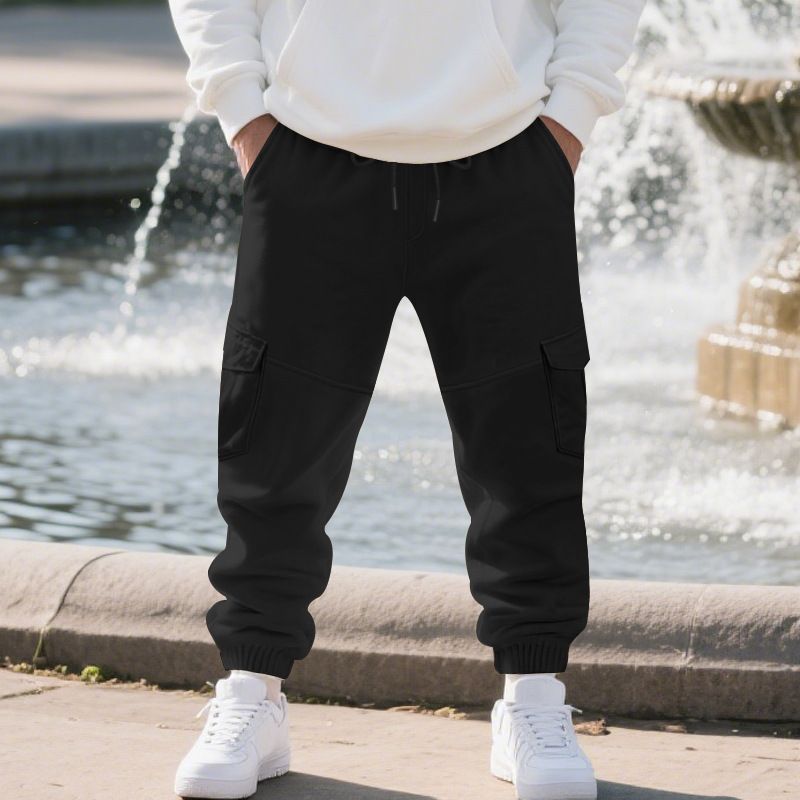 Autumn Winter Fleece Drawstring Men's Loose Casual Sports Multi-Pocket Cargo Pants_voghion.com