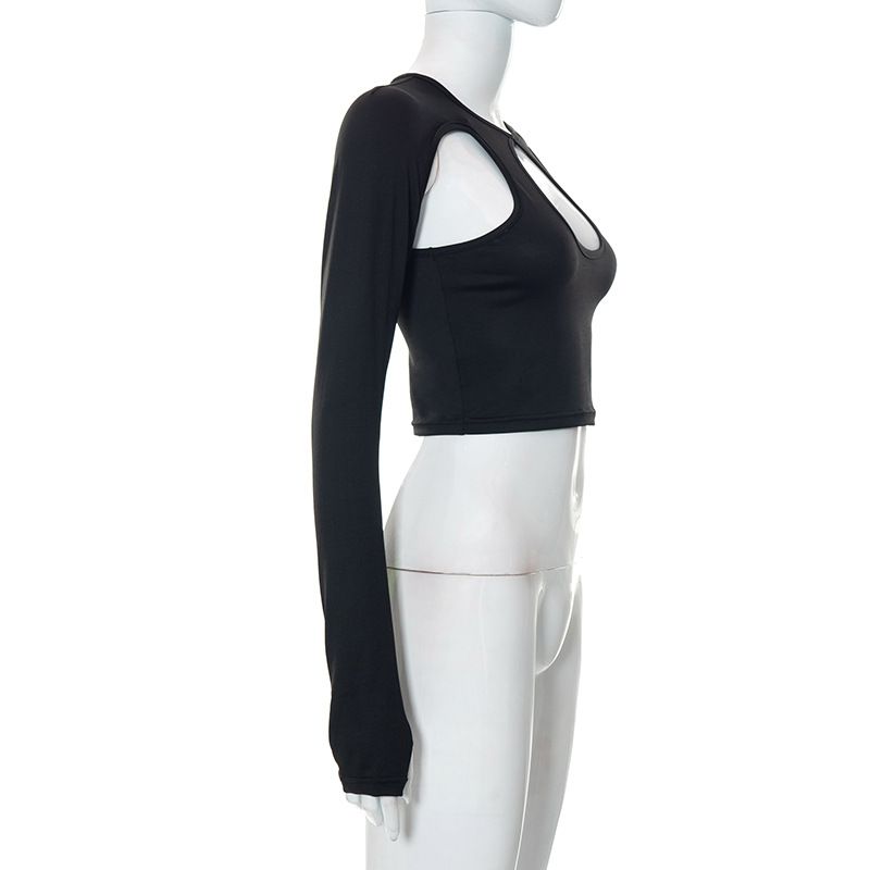 Abbigliamento da donna: nuovo top slim a maniche lunghe cavo in tinta unita con ombelico scoperto_voghion.com
