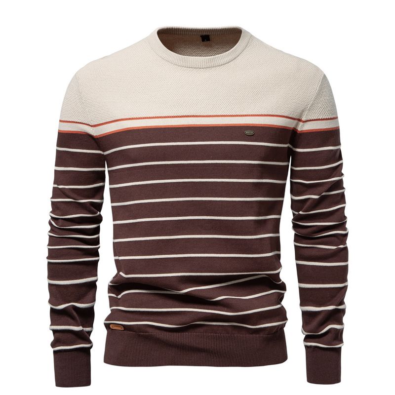 Men's Clothing New Striped Color Matching Long Sleeved Men's Knitted Sweater Fashionable Round Neck Men's Casual Sweater_voghion.com