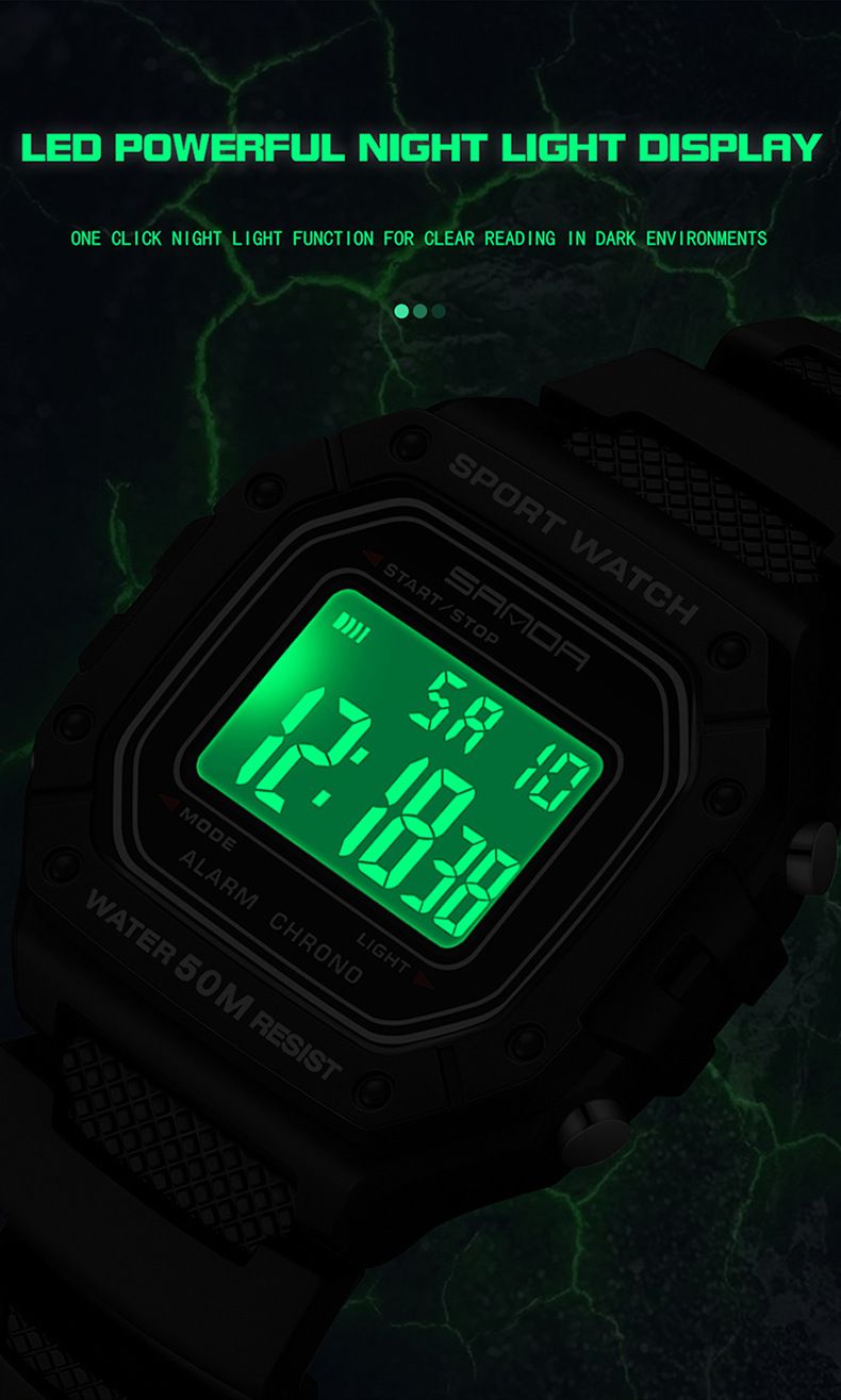 Orologio sportivo digitale per uomo e donna con display LED, impermeabile fino a 50 m, sveglia, luce notturna, quadrante quadrato, orologio da studente con cinturino in TPU_voghion.com