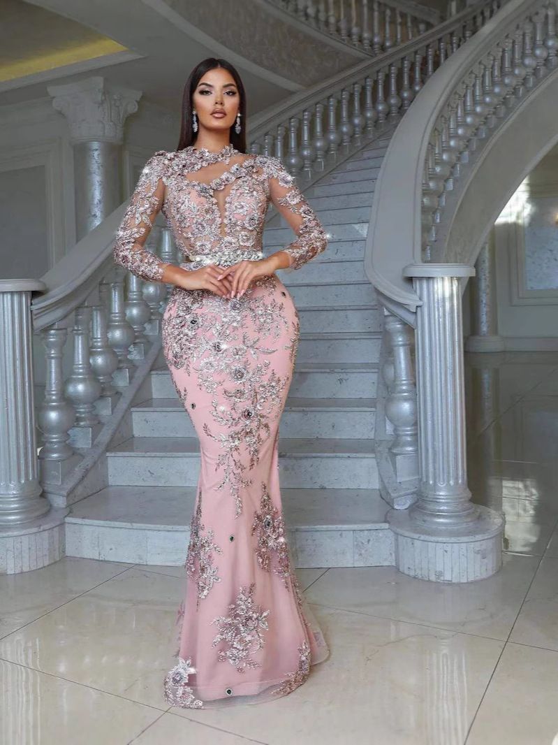 Elegantes zweiteiliges Abendkleid mit Pailletten für Damen, abnehmbares Meerjungfrauen-Design, tiefer V-Ausschnitt, florales Stretch-Netzgewebe (US2-US26W, Altrosa)_voghion.com