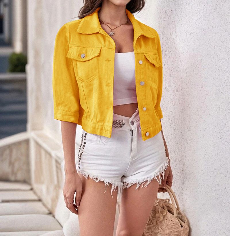 Roupas femininas primavera e verão novas cores femininas manga três quartos jaqueta jeans casaco curto top_voghion.com