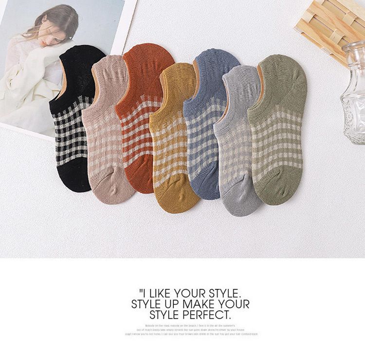 Nuovi calzini a quadri calzini da donna in cotone basso alla moda corti primavera e autunno sottili estivi invisibili in silicone antiscivolo calzini da barca_voghion.com