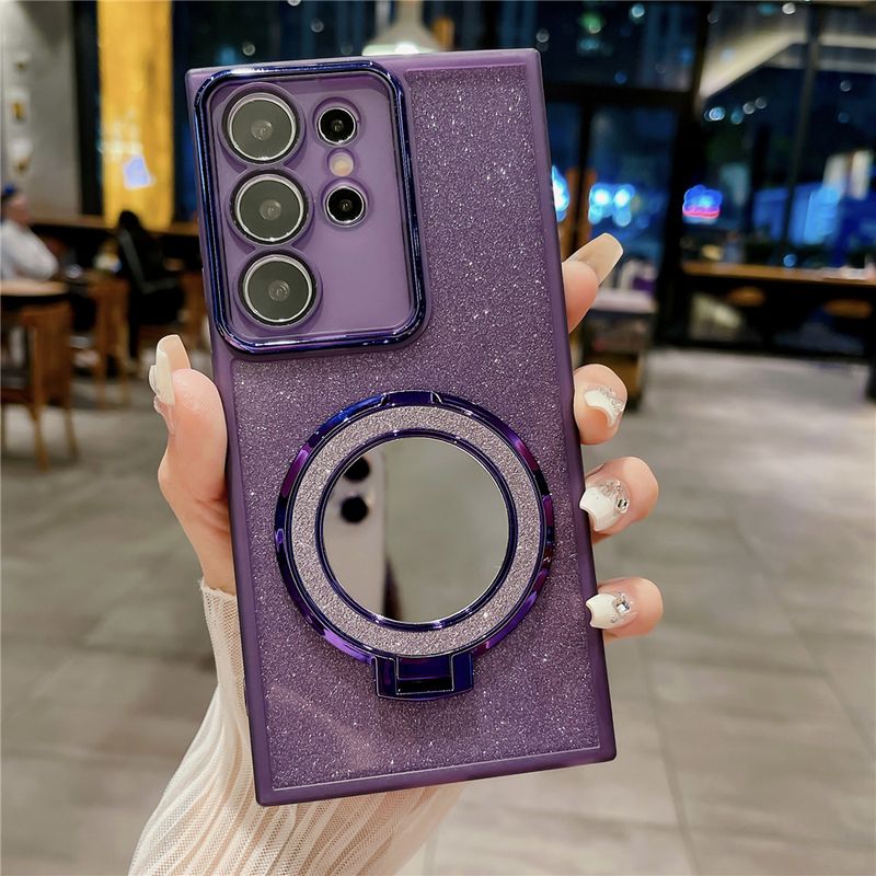met spiegel magnetische telefoonstandaard voor Samsung S24 ultra transparante gliiter sticker case zachte cover S22 S23 Plus_voghion.com