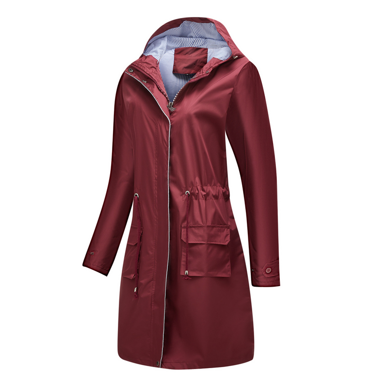Trench casual da donna K Long con cappuccio, impermeabile, tinta unita con fodera a righe, cappotto dritto._voghion.com