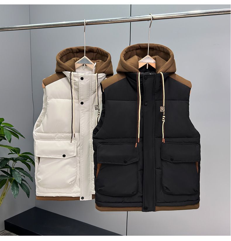 Steppweste mit abnehmbarer Kapuze für Herren – Winter-Arbeitskleidung & Streetstyle-Pufferjacke ohne Ärmel mit individuellem Aufdruck (Schwarz/Creme, M-5XL)_voghion.com