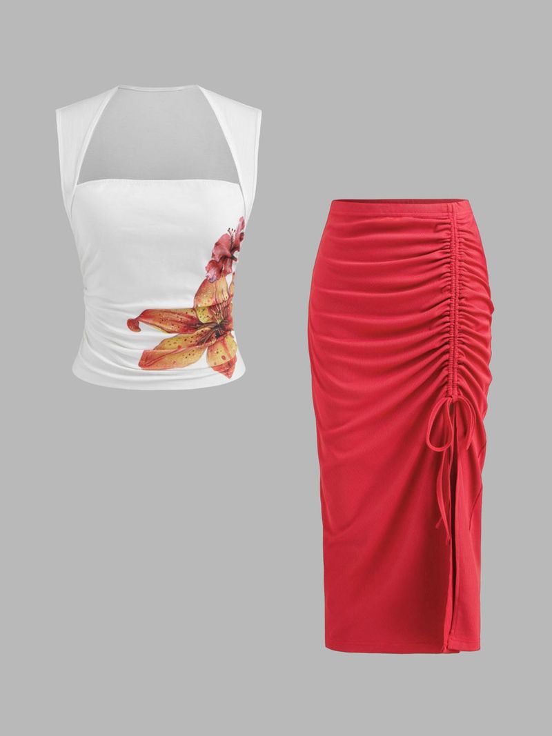 2025 Spring And Summer New Ribbed Ruffles Drawstring Slit Midi Skirt White Printed Square Neck Top Set_voghion.com