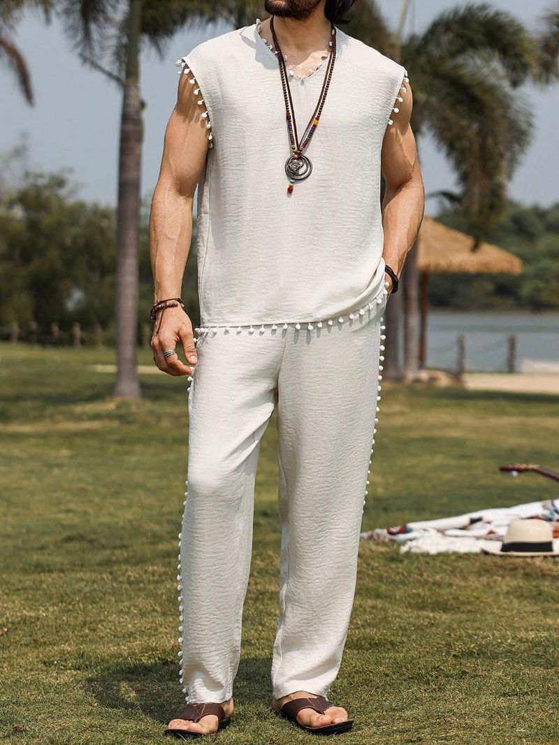 Herrenbekleidung Herren Einfarbig Pelz Ball Dekoration Ärmellose Weste Hosen Anzug INS Meistverkaufte Einfarbig Casual_voghion.com