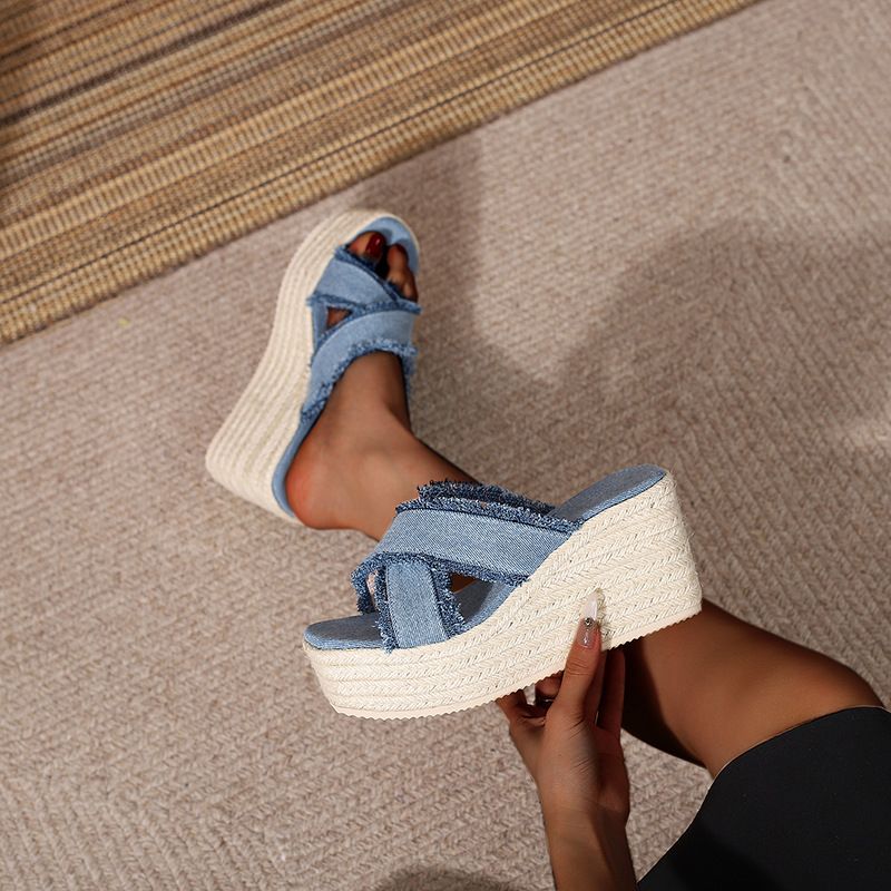 Damenschuhe Sommer Keilabsatz Dicker Boden High Heel Sandalen Für Frauen Riemen Offene Zehenpartie Stroh Geflochtene Seilsohle_voghion.com
