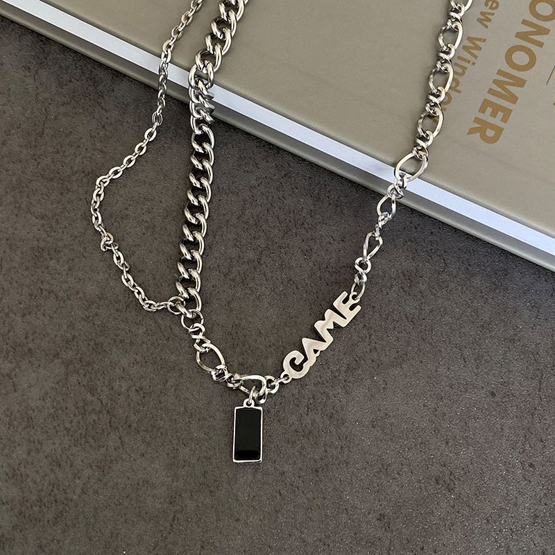 Black zircon letter stitching silver necklace female 2023 new hip-hop clavicle chain ins niche personality necklace_voghion.com