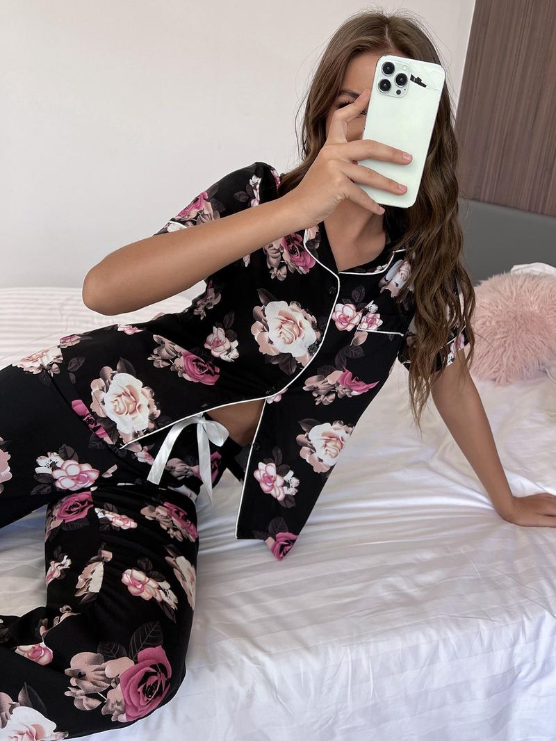 Pyjama Dames Zomer Plantenprint Korte Mouw Shirt Lange Broek Tweedelige Set Huiskleding Pamas_voghion.com