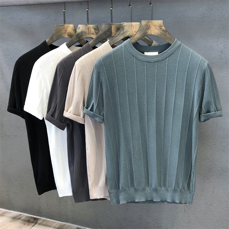 Herrenbekleidung Hochwertiges, einfarbiges T-Shirt aus Eisseide mit Rundhalsausschnitt, kurzärmelig, lässig, halbarm, neues T-Shirt für Männer_voghion.com