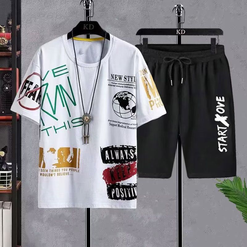 Ice Silk Summer Men's Korean Style Casual Comfortable Basketball Beach Sports T-Shirt Short Sleeve Two-Piece Set_voghion.com