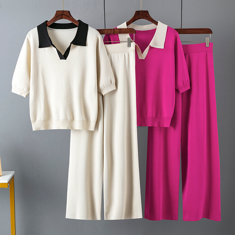 Nuovi set Pama autunnali per donna colletto polo manica corta maglia top maglione vita alta pantaloni a gamba larga set due pezzi_voghion.com