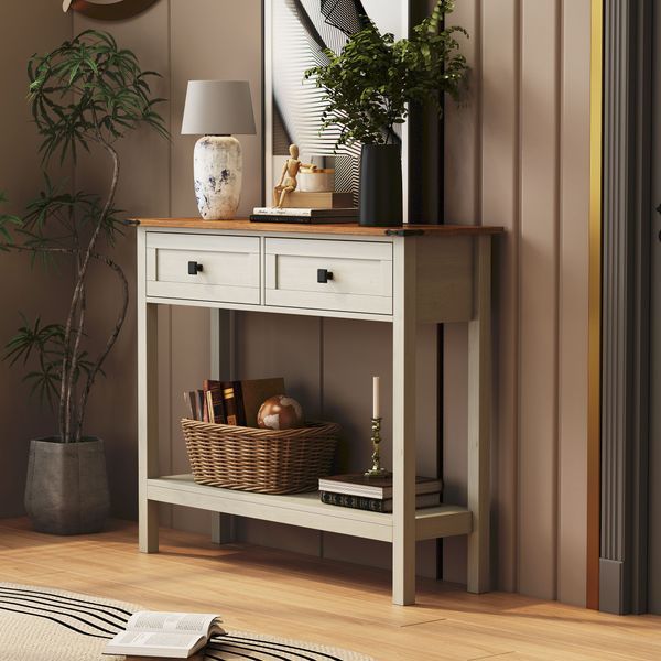 Farmhouse Style Console Table With 2 Drawer And Bottom Storage Shelf For Entryway, Rustic Side Table With Storage Drawer And Shelf For Living Room,_voghion.com