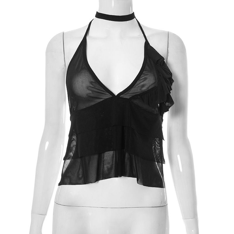 Q23TP310 Top corto sexy de malla negra con borde de madera para colgar el cuello y la parte superior del verano_voghion.com
