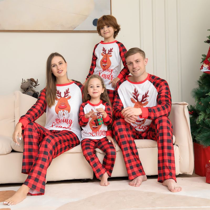 Independent Station Christmas Parent Child Set Cross Border Deer Letter Print Red Plaid Home Clothes Pajamas Soft Cute_voghion.com