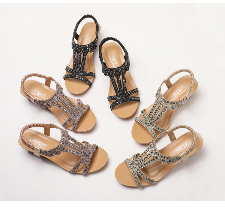 wedge heel rhinestone sandals for women fashion comfortable elastic band temperament Roman shoes_voghion.com