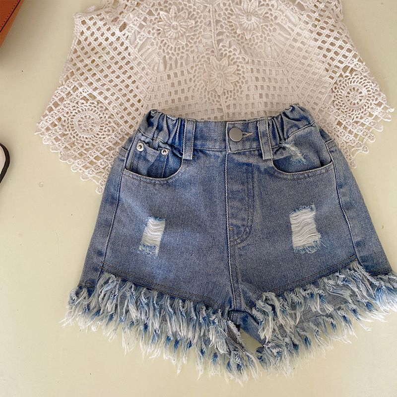 Roupas infantis Meninas ternos verão 2024 novas roupas infantis crianças oco malha cardigan colete mais shorts jeans três peças terno_voghion.com