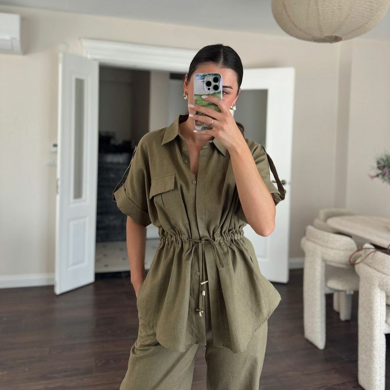 Women's Clothing Casual Workwear Pocket Drawstring Short Sleeved Shirt Trousers Summer Two Piece Suit_voghion.com