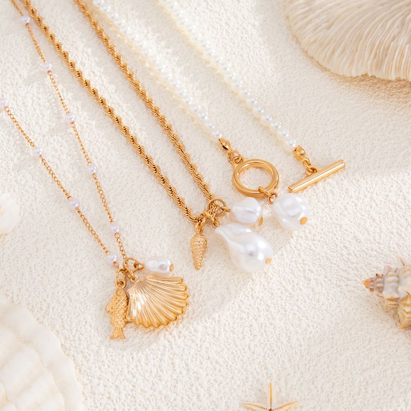 Halskette Damen Goldene Halskette Anhänger Halskette Gold Mode Perle Muschel Fisch Strand Stil Halskette Design Mehrschichtige Schlüsselbeinkette_voghion.com