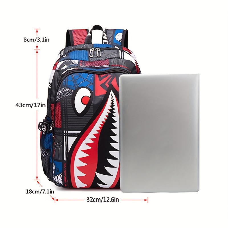 Mochila con patrón de tiburón, bolso escolar de nailon de moda para estudiantes, mochila de viaje ligera con puerto de carga USB_voghion.com