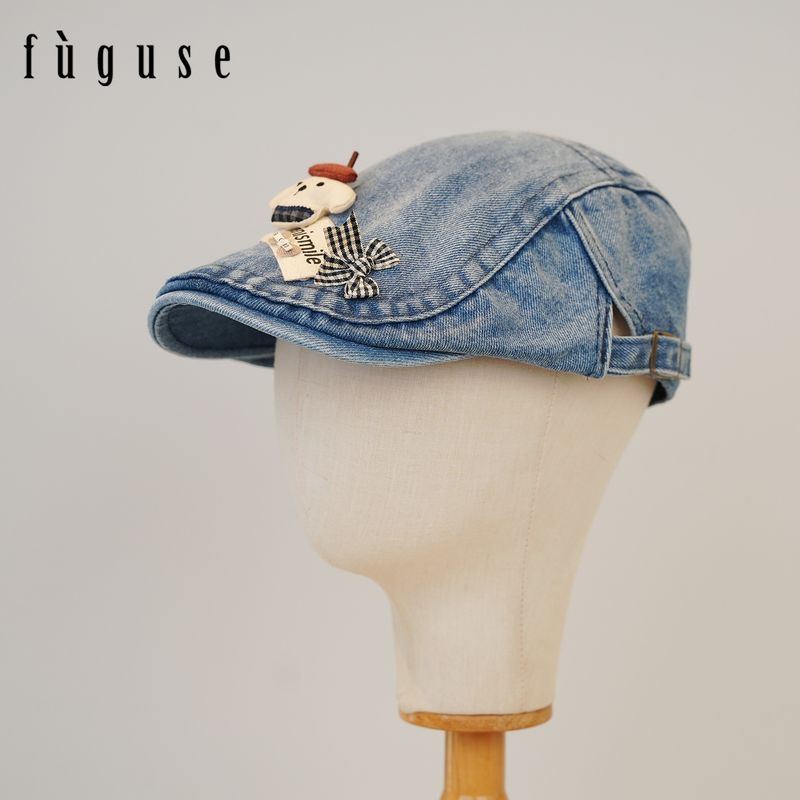 Herbstliche süße Cartoon-Washed-Denim-Frontkappe für Damen, Gesichtsschlankmachende Entenschnabelkappe, Malermütze_voghion.com